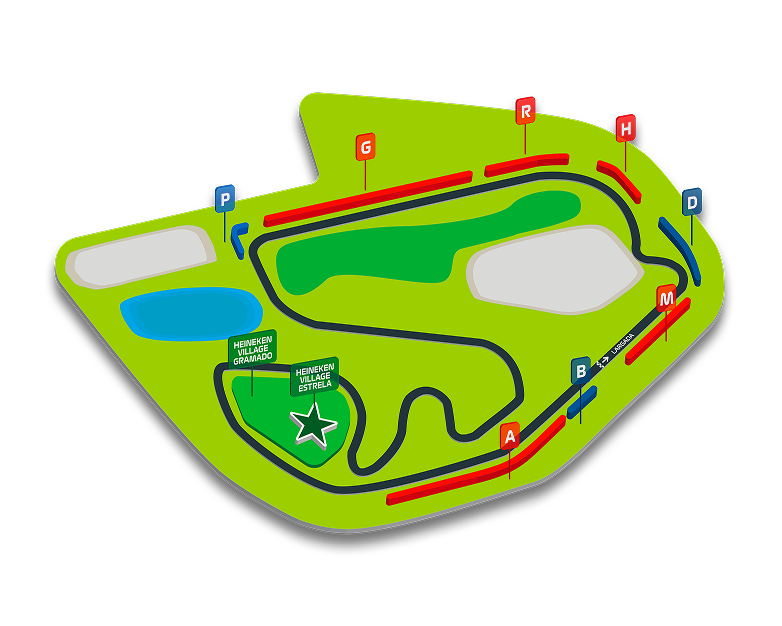 Mapa do circuito de Interlagos com destaque para o Heineken Village